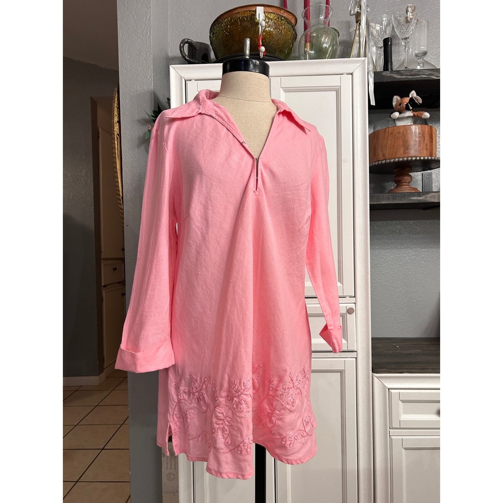 Vintage Linen Pink Embroidered Tunic Top 3/4 Sleeve LARGE Summer Vacation Resort